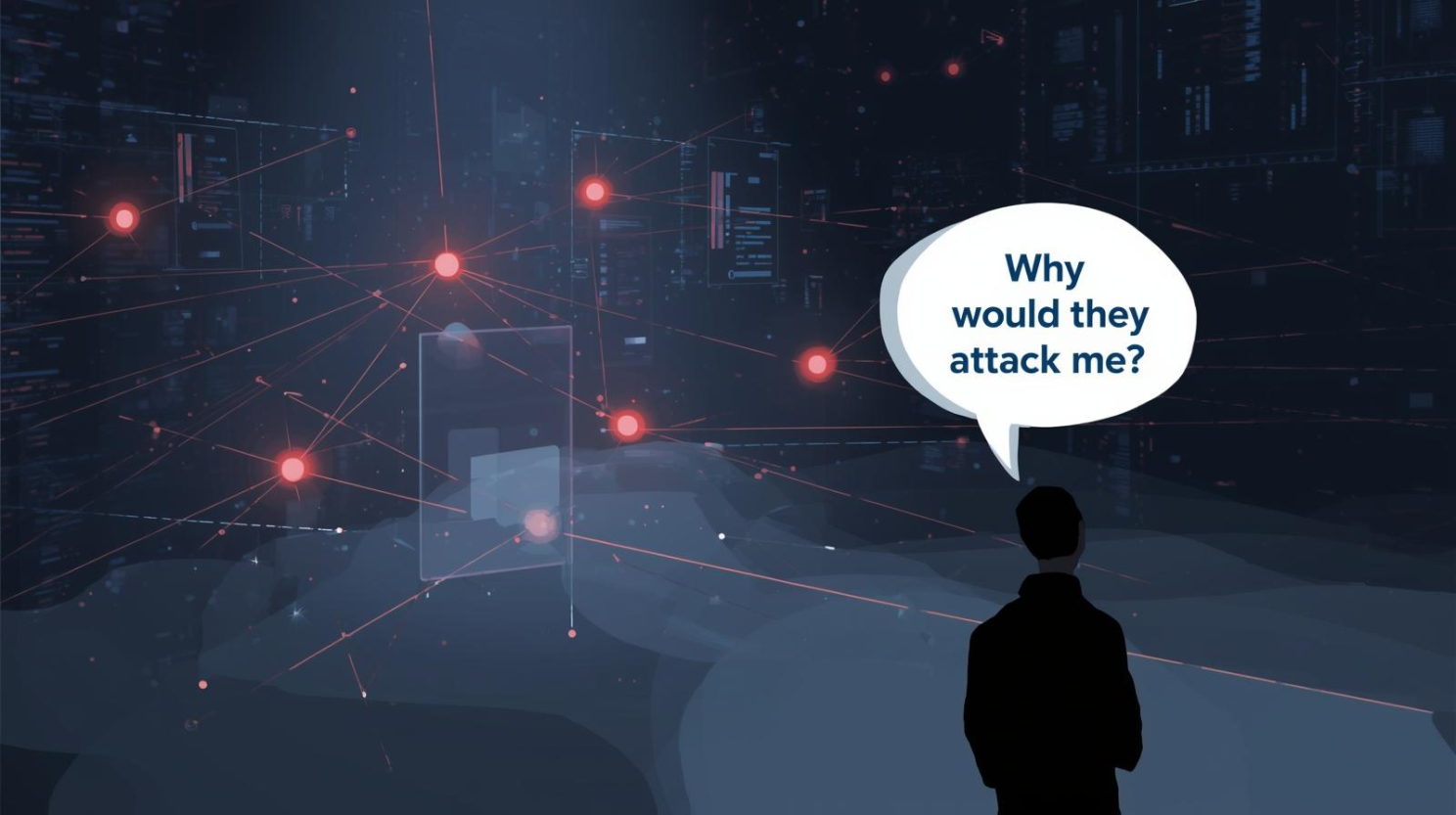A conceptual, professional illustration about cybersecurity threats to businesses. The image depicts a dimly lit, abstract representation of a business network, with glowing red lines indicating potential vulnerabilities or attack vectors. In the foreground, a silhouette of a business leader is shown looking perplexed, with a thought bubble containing the question "Why would they attack me?". Subtle graphical elements suggest data flow and interconnectedness, emphasizing the concept that even smaller entities can be targets due to their connections. The overall aesthetic is modern, clean, and slightly ominous, using a colour palette of blues, grays, and highlights of red to convey a sense of urgency and underlying risk. The style is vector art with a focus on conceptual representation rather than literal depiction.