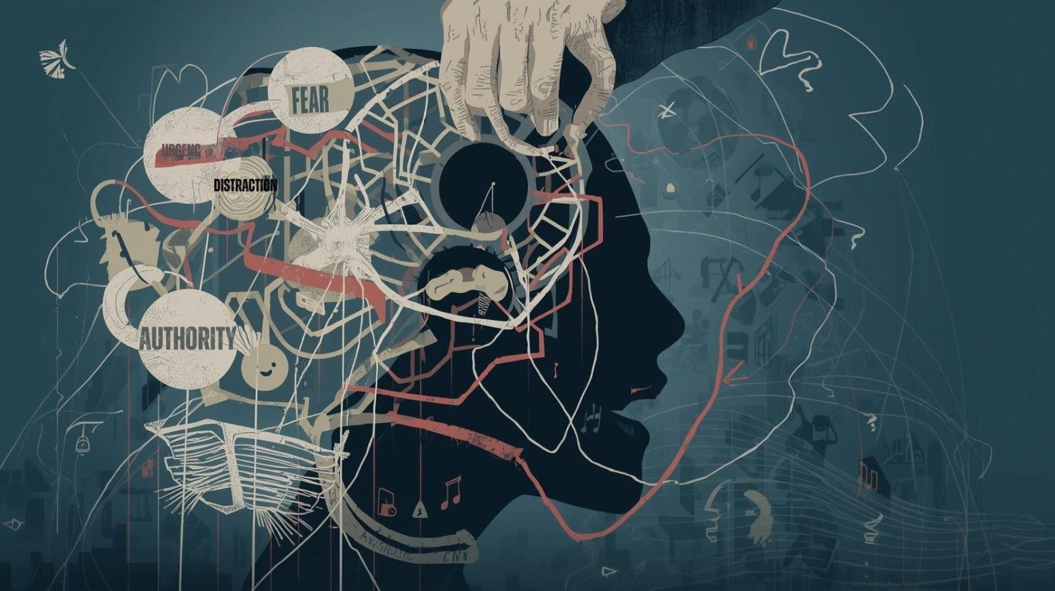 A conceptual image of a head with hand on top and scrambled thoughts of fear, urgency, distraction and authority during a fraud attack. The colour palette is greys with white and brown vessels coming from the brain.