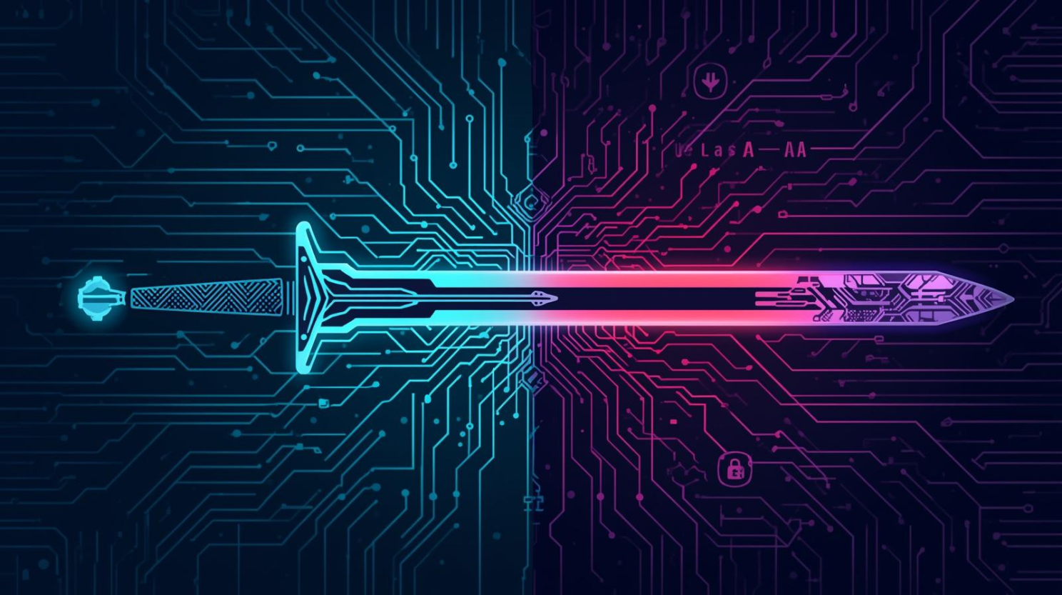 A conceptual, amusing digital illustration depicting a double-edged sword seamlessly transitioning from a glowing AI microchip on one side to a sharp, menacing blade on the other, poised to cut through a tangled network of digital data streams and abstract cybersecurity symbols. The colour palette is a striking contrast of vibrant, futuristic blues and greens for the AI side, against dark, ominous purples and reds for the attacking blade, symbolizing the dual nature of AI in cybersecurity. The style is sleek and modern with a touch of dramatic lighting to emphasise the tension between protection and threat.