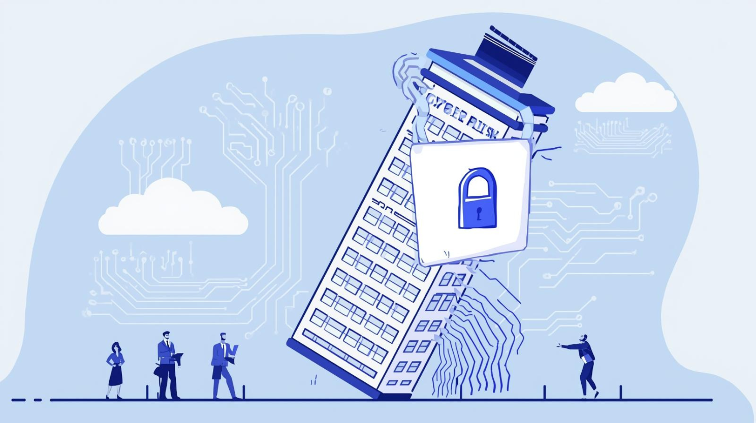 A whimsical, conceptual illustration depicting cyber risk is business risk. The image depicts a stylised boardroom where a large, comical, but ultimately harmless, digital padlock is shown to be the sole anchor for a precarious skyscraper representing a business. The skyscraper is tilted at an amusing angle, with tiny figures of executives looking concerned but not panicked, suggesting the inherent instability of relying solely on IT for cyber security. The background is a soft gradient of blues and greys, with subtle circuit board patterns integrated into the clouds, symbolising the interconnectedness of cyber and business risks. The overall aesthetic is clean, modern, and slightly cartoonish, emphasizing the absurdity of treating cyber risk as solely an IT issue.