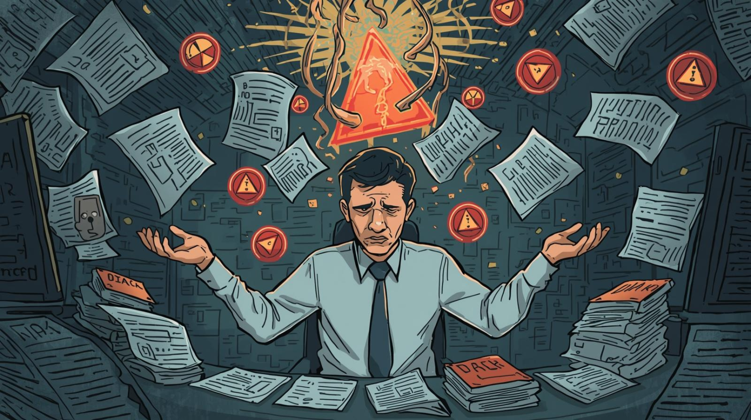 A conceptual and amusing illustration symbolising the immense human toll of incident response burnout. The image depicts a cybersecurity professional, portrayed with exaggerated exhaustion, juggling multiple chaotic elements: glowing red alert icons, stacks of paperwork representing legal and PR demands, and a cascading flow of data streams. The background is a dimly lit, high-pressure environment, perhaps a war room, where the individual is surrounded by intangible pressures. The style is illustrative with a touch of dark humour, using a colour palette of muted blues and greys punctuated by urgent reds and oranges to convey stress and fatigue. The framing is a medium shot, focusing on the overwhelmed individual.