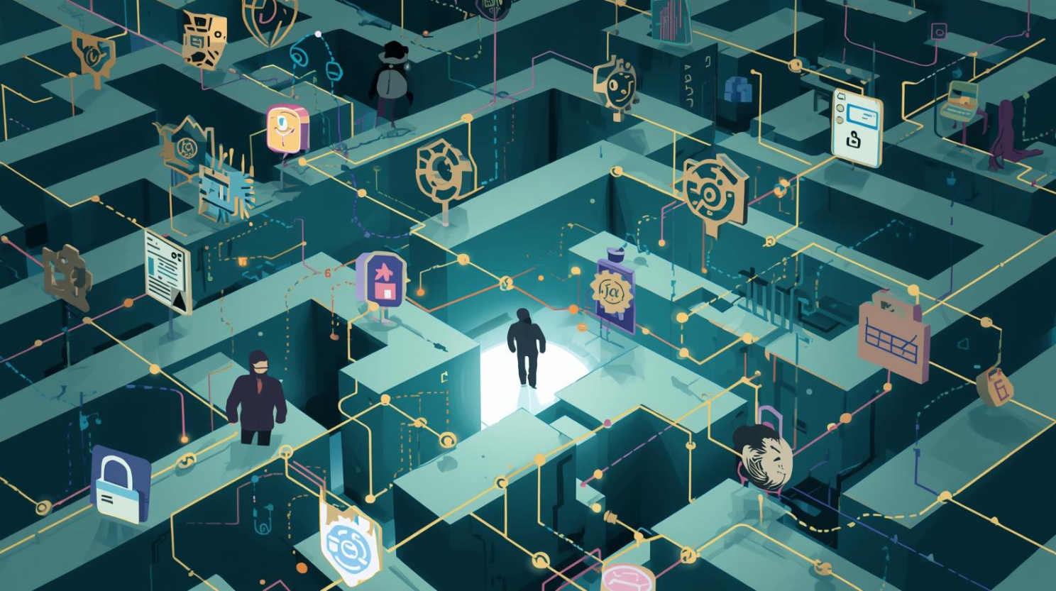 An amusing, conceptual digital illustration depicting a complex, interconnected digital network as a labyrinth. Visible within the labyrinth are abstract representations of synthetic identities (e.g., flickering, incomplete personas), machine identities (e.g., rigid, automated gears and code blocks), session hijacking (e.g., shadowy figures subtly altering pathways), and MFA bypass tools (e.g., broken or bypassed locks).
The overall aesthetic is slightly whimsical yet convey a sense of underlying complexity and potential vulnerability, with a colour palette that suggests a blend of technology and intrigue. The composition is framed to emphasise the vastness and intricate nature of the threat landscape with a subtle spotlight on a key area of weakness.