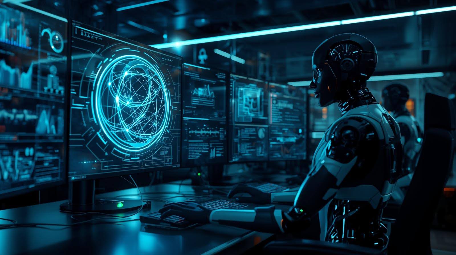 An AI generated image of an autonomous AI agent transitioning from threat detection to real-time incident response.
